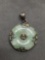 Round 25mm Diameter Hand-Carved Green Jade Asian Designed Ornate Sterling Silver Pendant