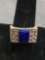 Rectangular 10x7mm Lapis Cabochon Center Greek Key Decorated Milgrain Framed 12mm Wide Sterling