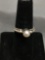 Knife Edge Pebble Detailed Shoulders Sterling Silver Ring Band w/ Round 5.0mm White Pearl Center