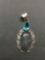 New! Gorgeous 2in Long Detailed Blue Fire Labradorite w/ Blue Topaz Accent Sterling Silver Pendant