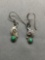 Old Pawn Native American Feather Styled Pair of Sterling Silver Dangle Earrings w/ Round Malachite