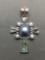 Merav Designer Indonesian Crafted 63x40mm Abalone Inaid Sterling Silver Cross Pendant w/ Round 15mm