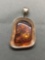 Freeform Styled 38mm Long 31mm Wide Sterling Silver Pendant w/ Contoured Amber Cabochon Gem Center