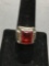 Bezel Set Rectangular 11x9mm Red Glass Cabochon Center Detailed Sterling Silver Ring Band