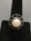 Round 11mm White Pearl Center w/ Rope & Scallop Detailed Halo Sterling Silver Ring Band