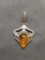 Teardrop Shaped 13x8mm Amber Cabochon Center Filigree Detailed High Polished Signed Designer