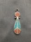 Old Pawn Mexico Style Turquoise & Coral Inlaid 30mm Long 9mm Wide Sterling Silver Drop Pendant