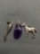 Lot of Three Sterling Silver Charms, One Horse, One Wave Pendulum & One Tumble Amethyst