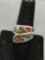 Wave Detail Turquoise & Coral Inlaid 15mm Wide Sterling Silver Old Pawn Mexico Style Bypass Ring