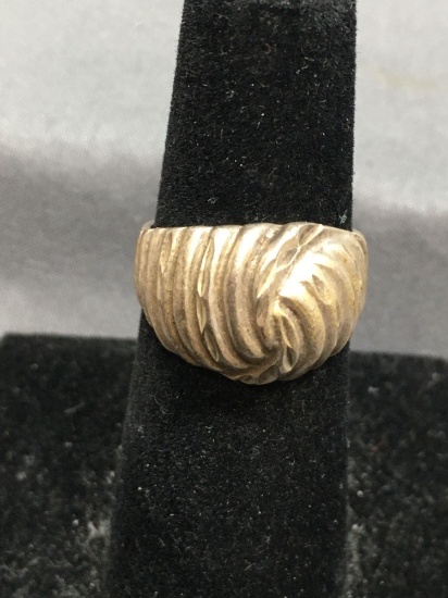 Domed Carved Swirl Design 12mm Wide Tapered Signed Designer Sterling Silver Ring Band