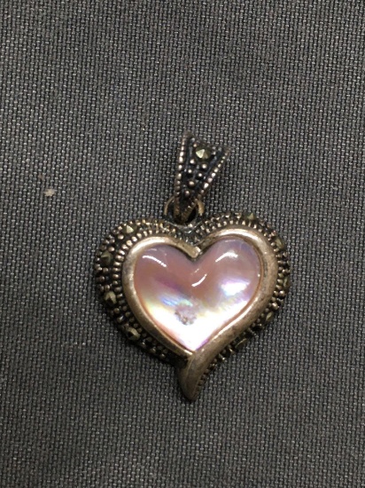 Milgrain Marcasite Accented 10x10mm Hand-Carved Pink Mother of Pearl Heart Center Sterling Silver