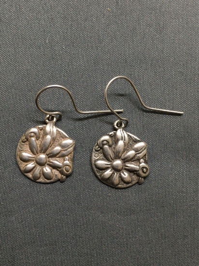 Handmade Round 14mm Diameter Floral Patterned Pair of Sterling Silver Dangle Earrings