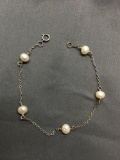 Cable Link 1.25mm Wide 7in Long Sterling Silver Bracelet w/ Five 6.0mm Freshwater Pearl Stations