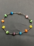 Round Multi-Colored 6mm Cat's Eye Bead Stations Sterling Silver 7in Long Bracelet