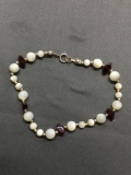 Round 3.0 & 5.0 mm Mother of Pearl & Tumbled Garnet Beaded 7in Long Sterling Silver Clasp Bracelet