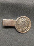 Signed Designer Mexican Made 35mm Long Sterling Silver Tie Clip w/ Round 21mm Aztec Calendar Detail