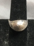 Hand-Engraved 12mm Wide Tapered Dome Sterling Silver Ring Band