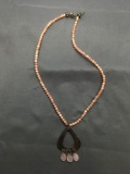 Round 4.0mm Rhodochrosite Beaded 16in Long Necklace w/ Beaded Sterling Silver Pendant Drop & Clasp