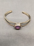 Horizontal Bezel Set Oval Faceted 10x8mm Amethyst Center Split Shank Style Sterling Silver Cuff