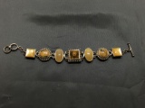 Ornate Design 20mm Wide 7in Long Sterling Silver Link Toggle Bracelet w/ Carved Tiger's Eyer Gem