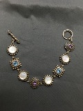 Detailed 16mm Wide 7in Long Ornate Sterling Silver Toggle Bracelet w/ Mother of Pearl, Blue Topaz &