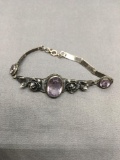 German Made Vintage Rosebud Detailed Oxidized Sterling Silver Bracelet w/ Oval Faceted 13x9mm