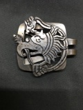 Signed Designer Mexican Handmade Eagle & Serpent Motif 2x2in Solid Sterling Silver Money Clip