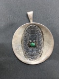 Round 43mm Diameter Old Pawn Mexico Aztec Design Sterling Silver Pendant w/ Rough Emerald Gemstone