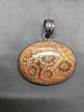 Large Polished Horizontal Set Oval 50x35mm Fireworks Jasper Cabochon Sterling Silver Pendant