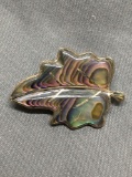 Signed Designer Mexican Made Intricate Hand-Carved Abalone Leaf Design Sterling Silver Brooch