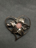 Round Rose Quartz Cabochon Center Hibiscus Flower & Heart 30mm Wide 32mm Tall Sterling Silver Signed