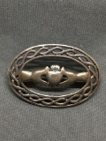 Irish Design Celtic Braid & Claddagh Decorated Oval 35x25mm Sterling Silver Brooch