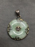 Round 25mm Diameter Hand-Carved Green Jade Asian Designed Ornate Sterling Silver Pendant