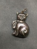 Signed Designer Detailed 30mm Tall 20mm Wide 10mm Deep Puffy Cat Sterling Silver Pendant