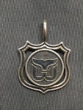 Signed Designer 20x20mm Shield Shaped Sterling Silver Pendant w/ Monogram Center
