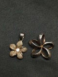 Lot of Two Five Petal Hibiscus Flower Sterling Silver Pendants, One High Polished & One w/ Round CZ