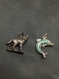 Lot of Two Sterling Silver Pendants, One Enameled Dolphin & One Howling Wolf