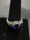 Three-Stone Filigree Detailed Milgrain CZ Halo Sterling Silver Ring Band w/ Round Created Blue