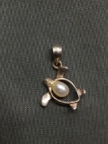 Sea Turtle Motif Sterling Silver Pendant w/ Oval Freshwater White Pearl Center