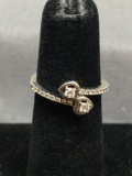 Twin Heart Motif w/ Round Faceted CZ Accents 7mm Wide Bypass Sterling Silver Ring Band