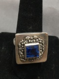 High Polished Filigree Decorated Square 21x21mm Top w/ 9x9mm Square Step Faceted Blue Gem Center