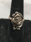 Detailed 23x15mm Rosebud Motif Top Sterling Silver Ring Band