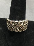 Milgrain Marcasite Detailed Alternating Inverted Hearts 12mm Wide Sterling Silver Ring Band