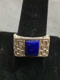 Rectangular 10x7mm Lapis Cabochon Center Greek Key Decorated Milgrain Framed 12mm Wide Sterling