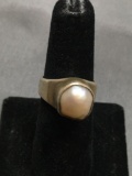 Starborn Designer Bezel Set Round 10mm Baroque Pearl Center Rustic Sterling Silver Ring Band