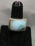 Rectangular Horizontal Set Domed 19x14mm Larimar Inlaid Center High Polished Sterling Silver Ring