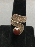 Handmade Floral Engraved 22mm Wide Sterling Silver Coil Ring Band w/ Red 7.0mm Garnet Cabochon