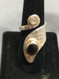 Handmade Hammer Finished 37mm Long Coiled Sterling Silver Ring Band w/ Bezel Set Oval 10x8mm Garnet