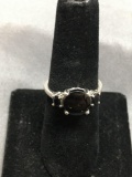 Round 8.0mm Pyrite Included Black Gem Center w/ Oval Faceted Black Gem Sides Three-Stone Sterling