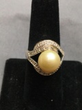 Round 10mm Golden Pearl Center Gem Round CZ Accented 18mm Wide Bypass Sterling Silver Ring Band